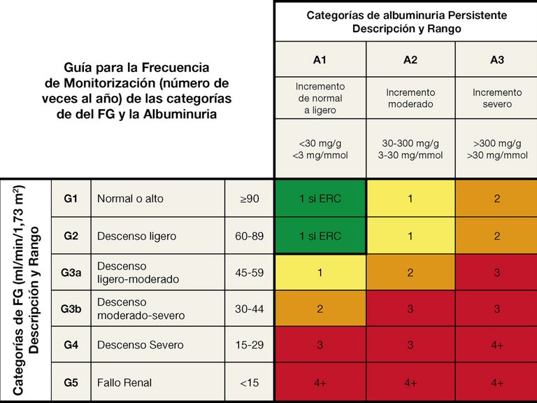 Gráfica sobre la FG y la albuminuria para reflejar el riesgo de progresión mediante la intensidad del color 