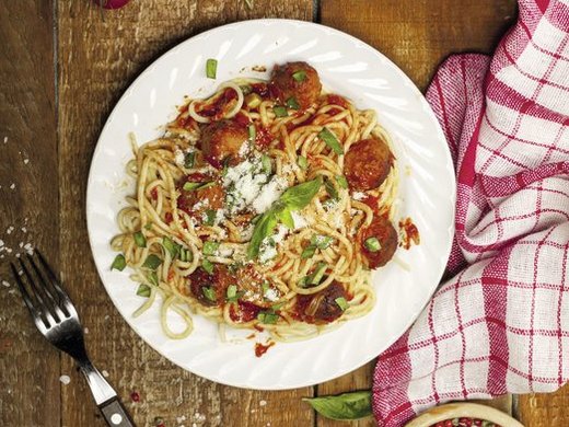 [Translate to Spain - Spanish:] Spaghetti with meatballs and tomato sauce