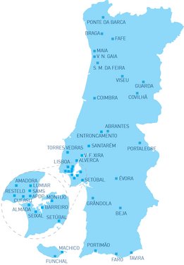 Mapa de los centros de diálisis NephroCare en Portugal